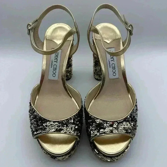 Jimmy Choo London Peachy Peep Toe Sparkle Heels Size 38 Silver Sequins Gold - Picture 5 of 16